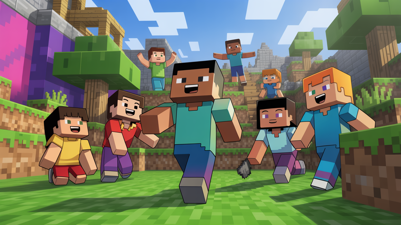 Crianças jogando Minecraft juntas em mundo colorido